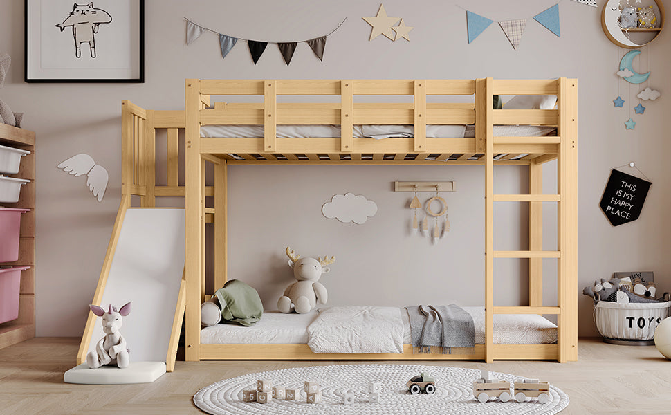 Children's Bunk Bed 90x200cm with Slide & Stairs, Natural Pine