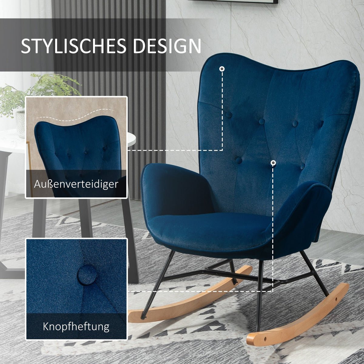 Rocking Chair with Ears, Padded, Velvet Fabric Blue