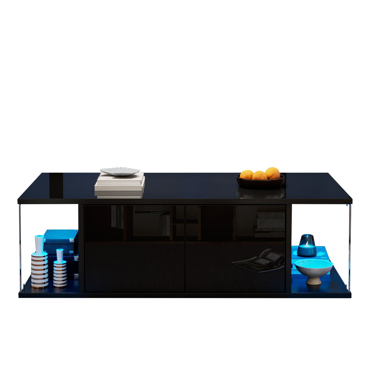 Coffee Table, Living Room Sofa Table with LED, High-Gloss, Tempered Glass, 2 Cabinets, Black Chipboard