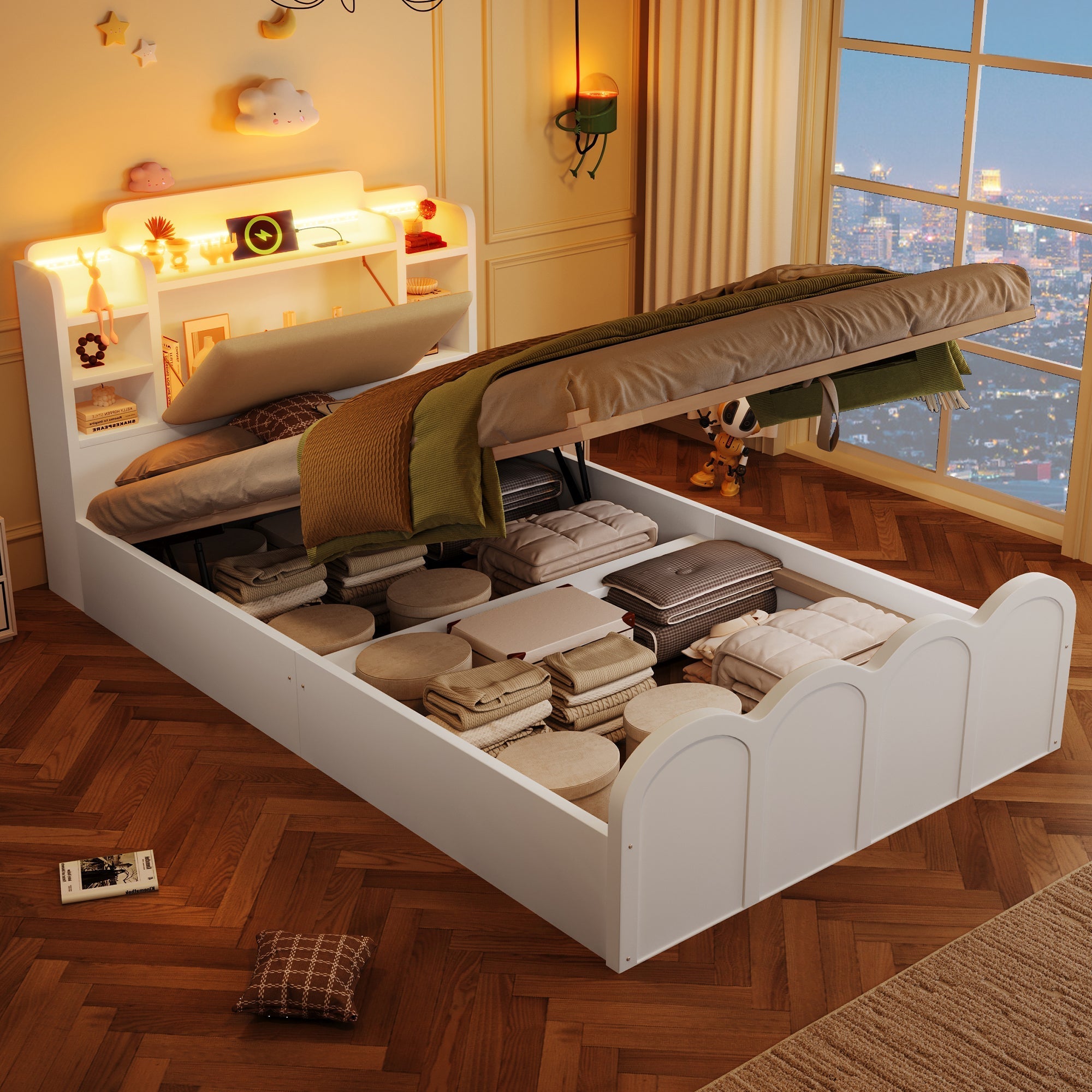 Panel Bed 90x200cm Hydraulic Storage USB-C Charging LED Multifunctional White