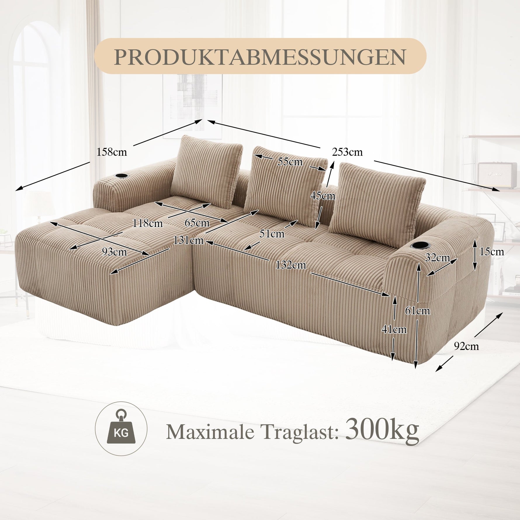 Compact Sofa Modular Side Pocket Cup Holder 3 Cushions - Corduroy Khaki