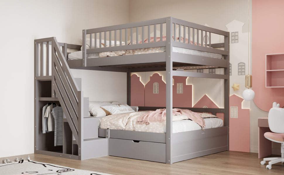 Solid Wood Bunk Bed 140x200cm High Safety Rail Storage Ladder Drawers, Grey