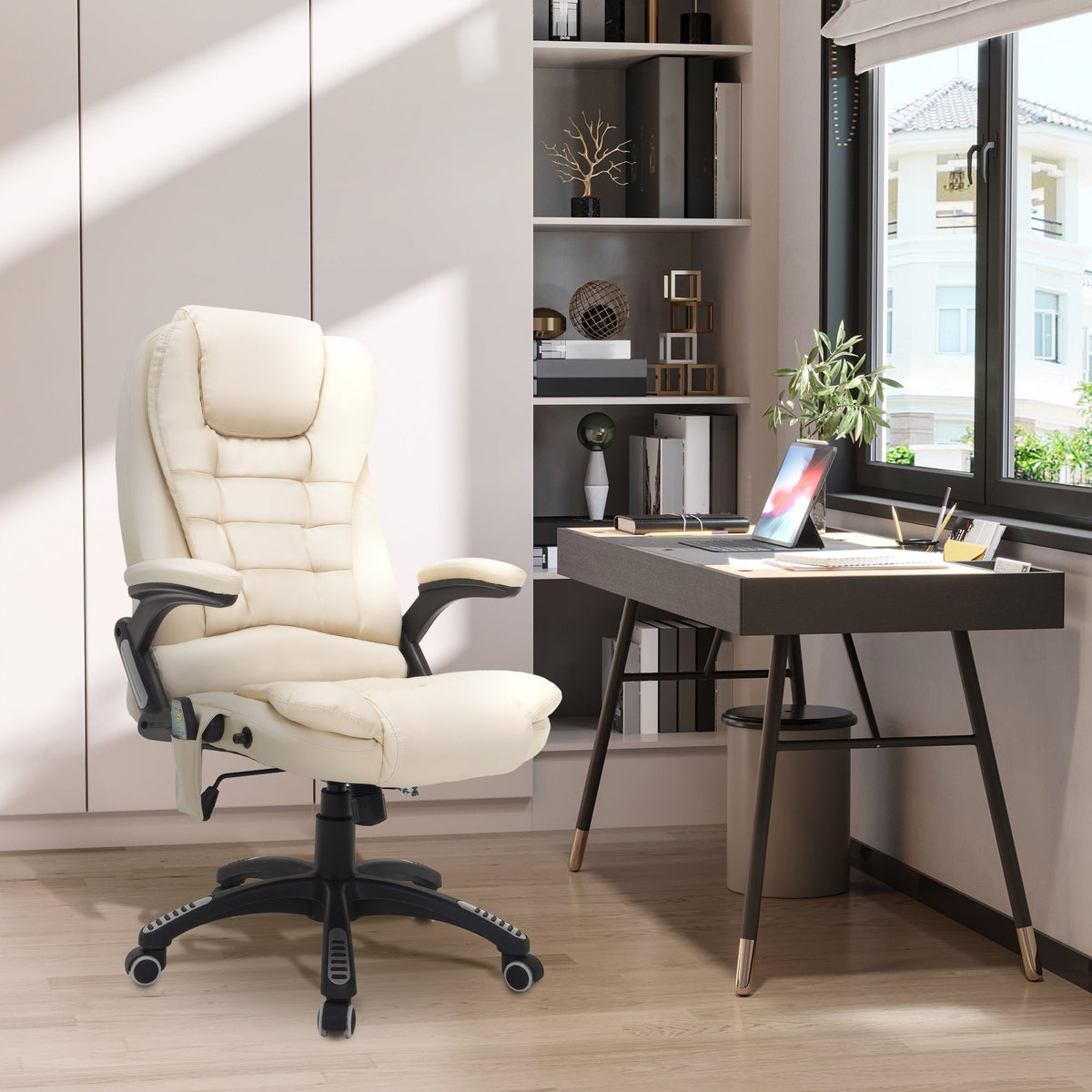 Massage Chair Executive, 6-Point Vibration, Heat & Recline, Beige Faux Leather