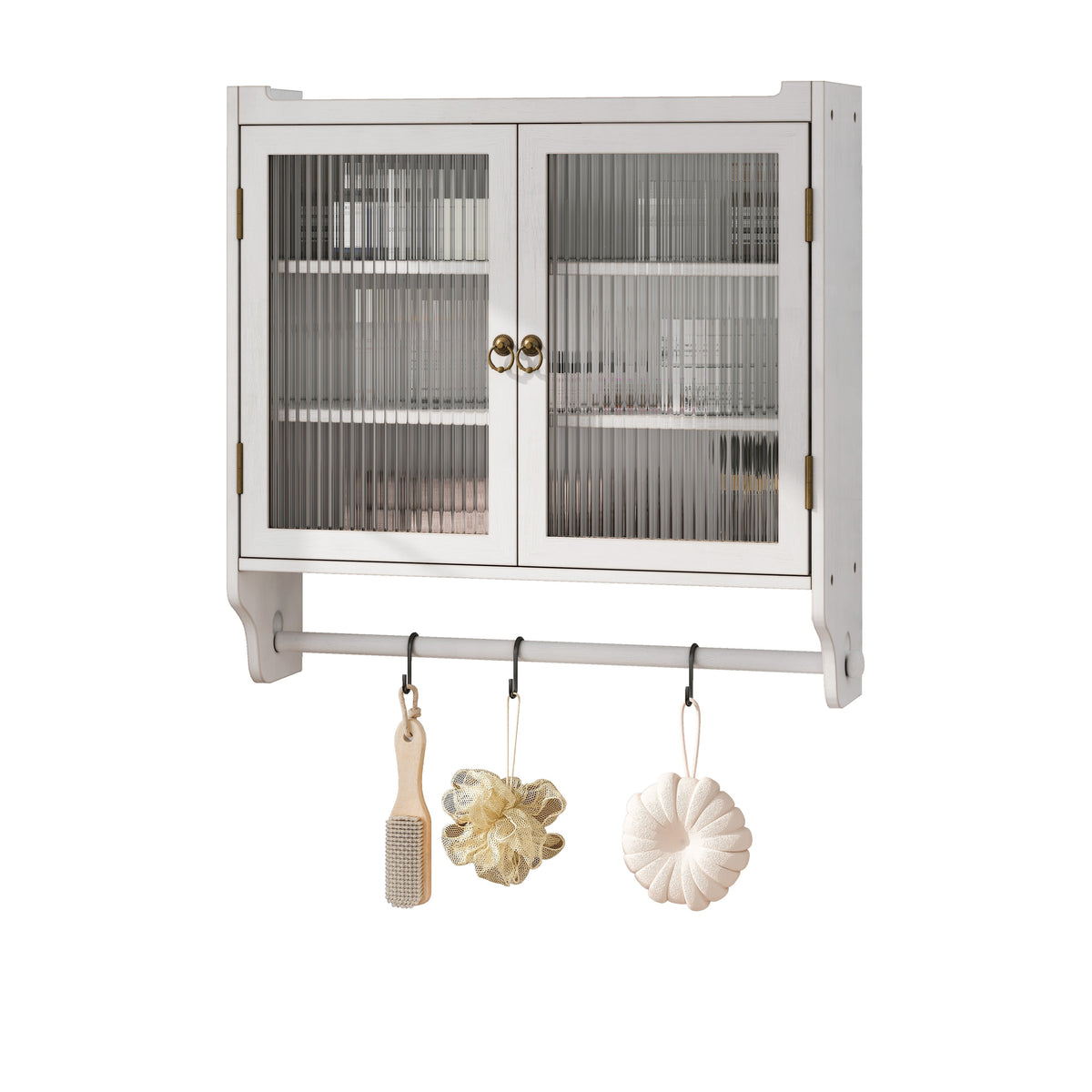 60cm Glass Door Vintage Double Door Wall Cabinet, Three Tiers, Towel Rack, White Washed