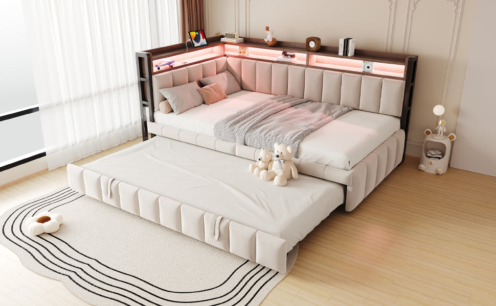 Upholstered Sofa Bed 90x200cm with Pull-Out Bed & LED, Beige Velvet