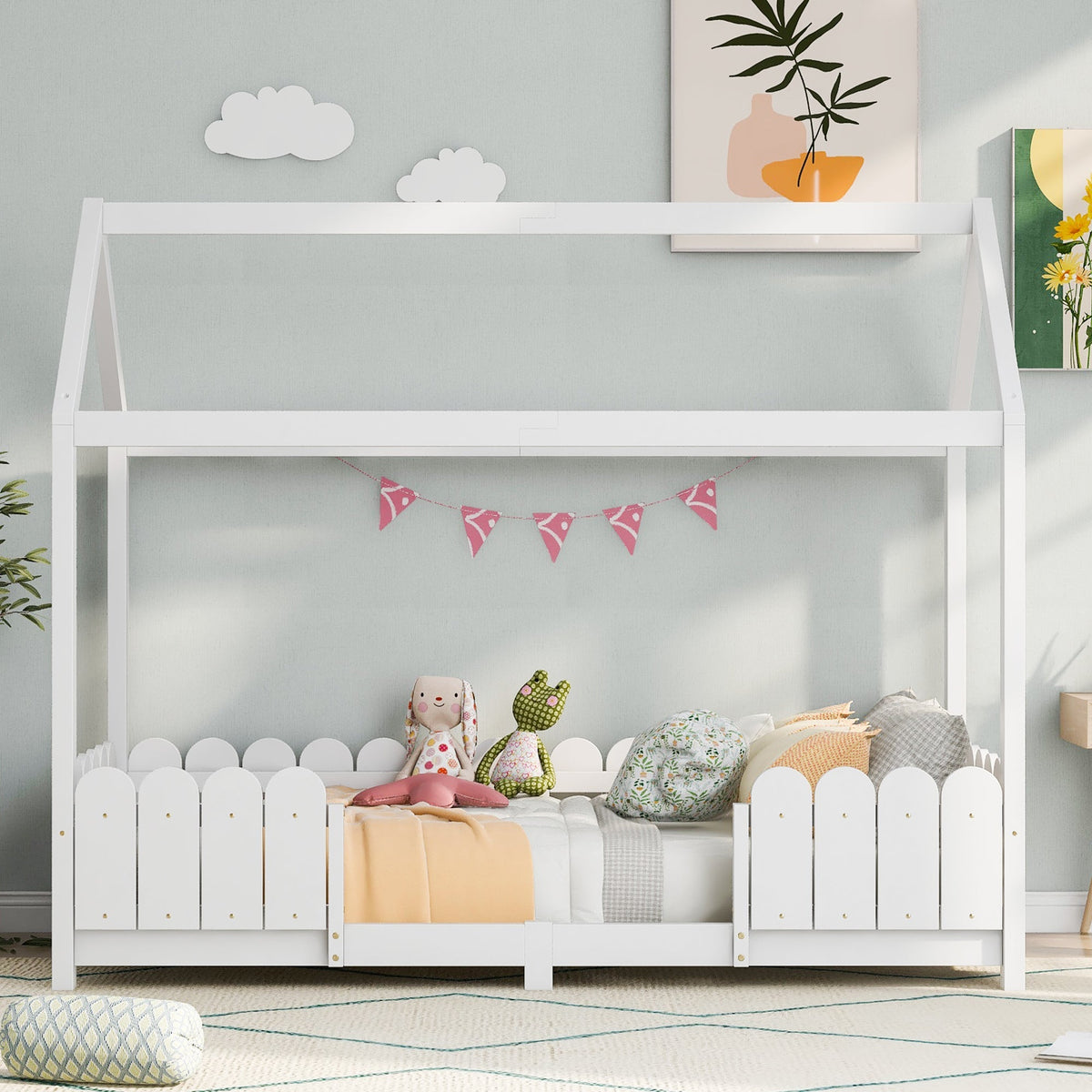 House bed 90x200 cm - versatile wooden children's bed with fall protection and slatted frame - white