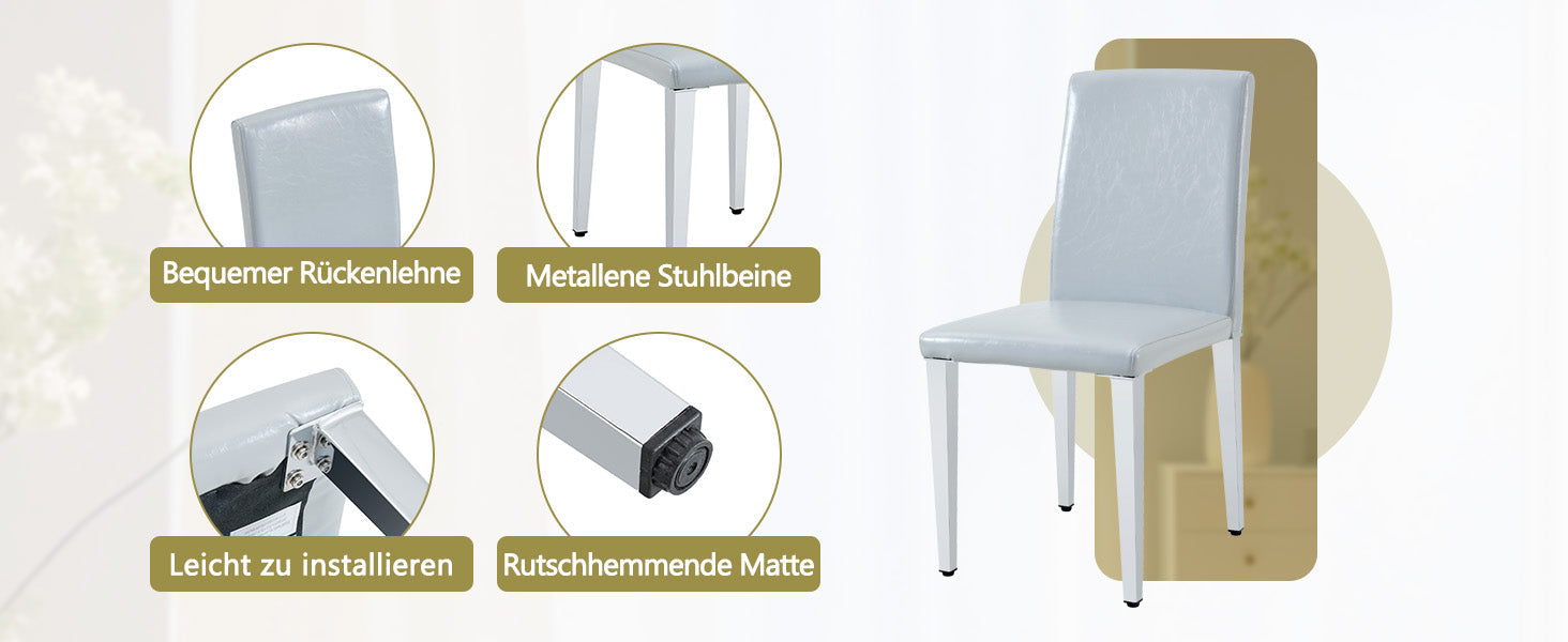 Minimalist Dining Chairs Set of 2, Ergonomic PU Leather with Metal Legs, Grey and Silver