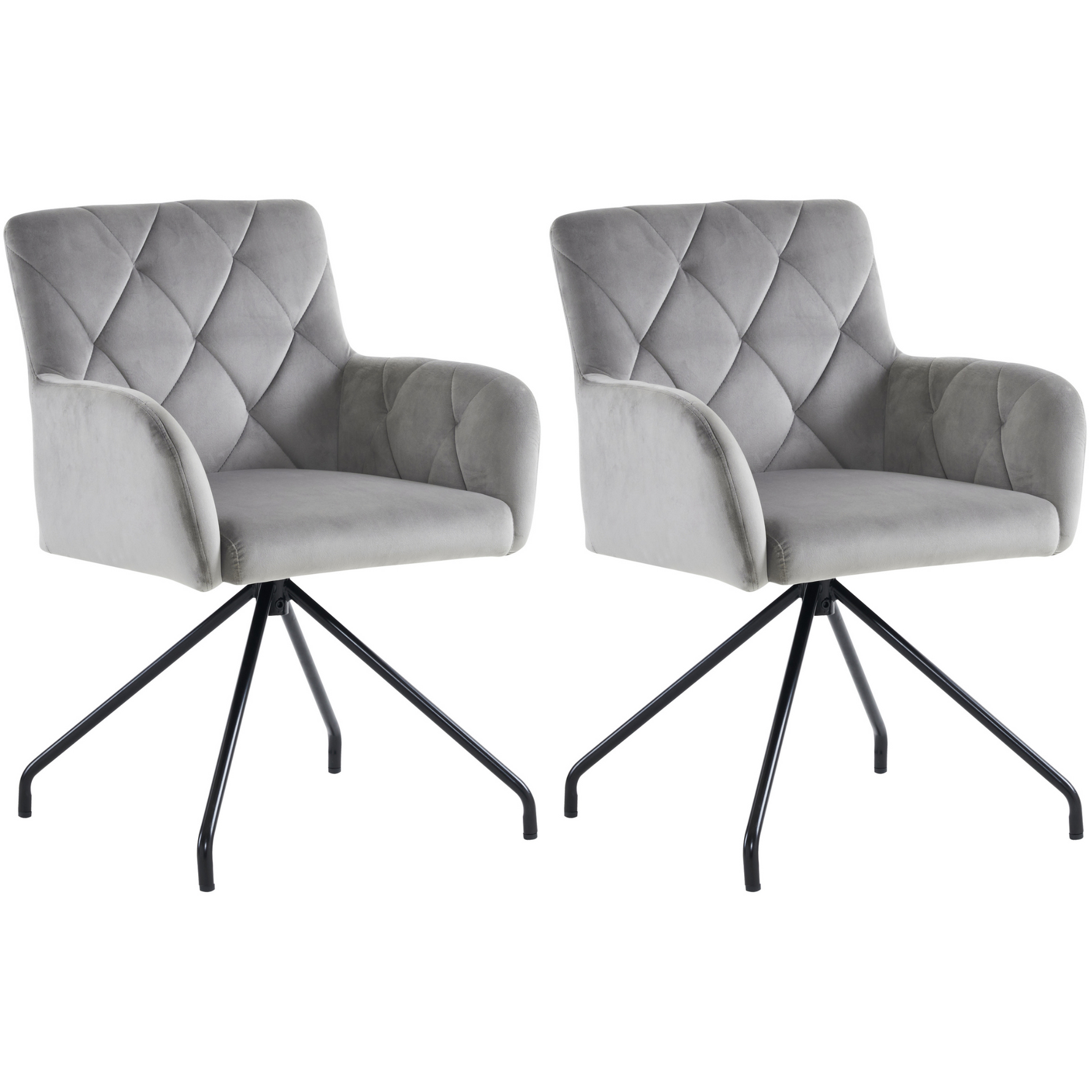 Set of 2 Dining Chairs with Diamond Pattern and Lumbar Support, Light Grey Velvet
