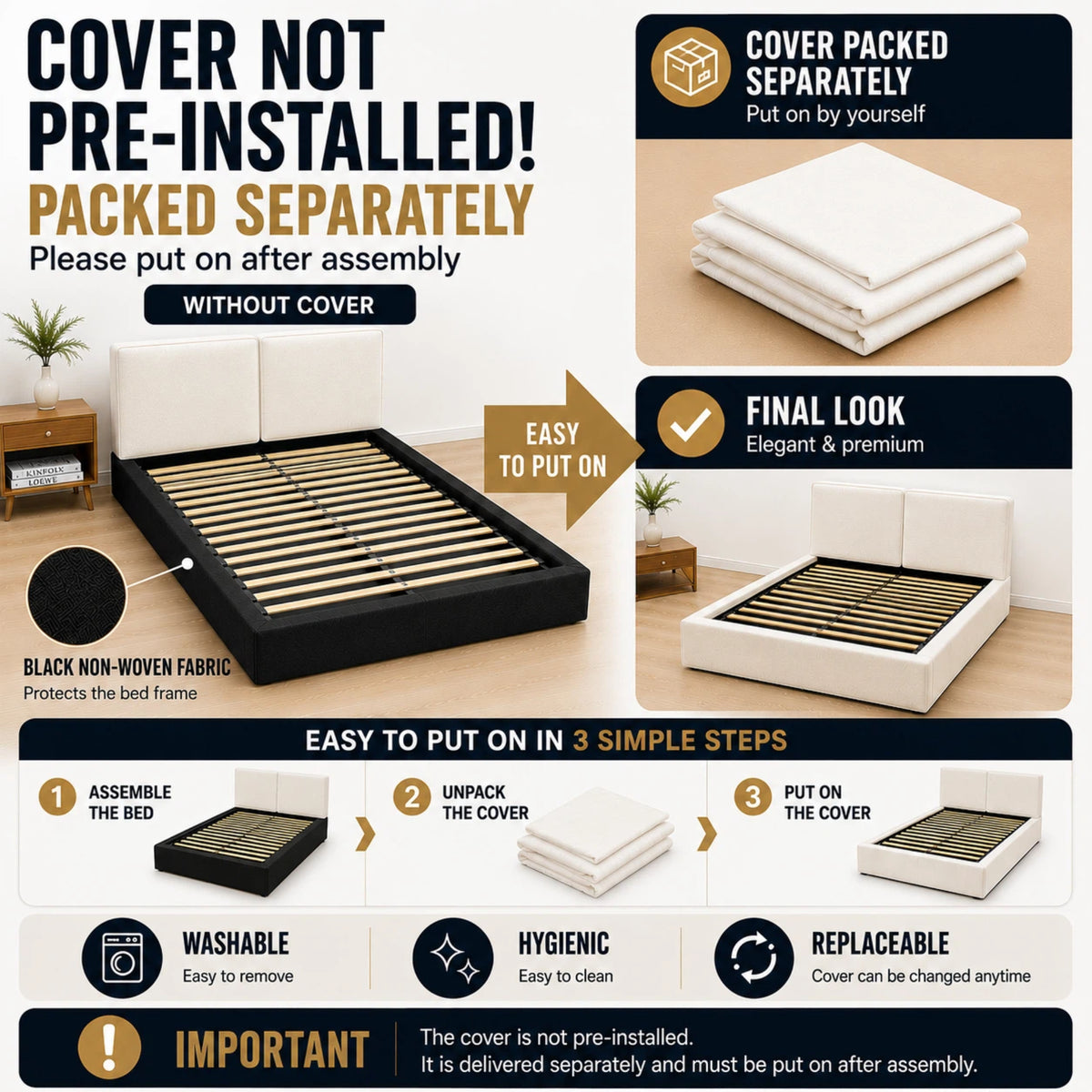 Upholstered Double Bed 160x200cm, Slatted Base, Beige Chenille