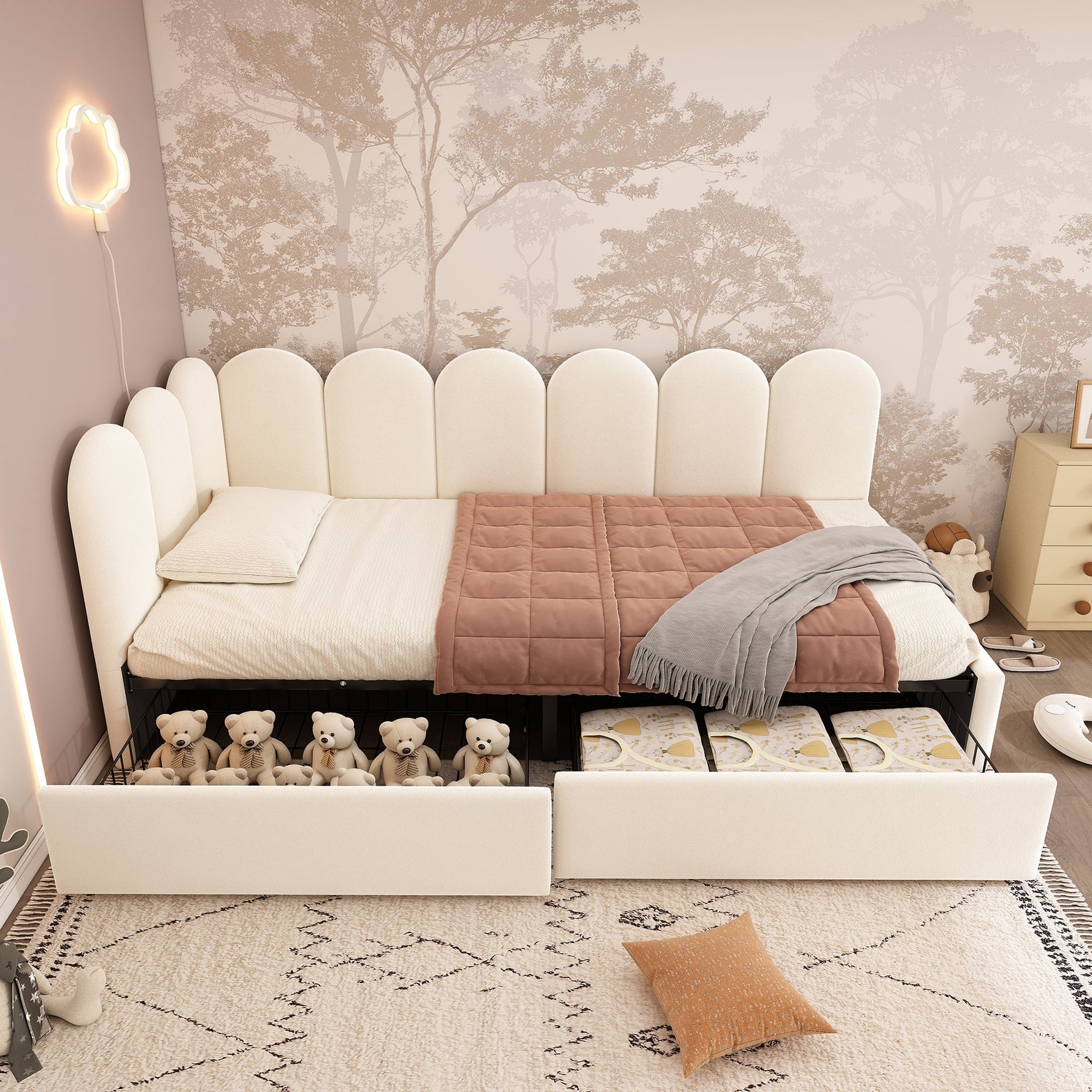 Upholstered Single Bed with Storage Drawers and Slatted Frame, Beige Samt