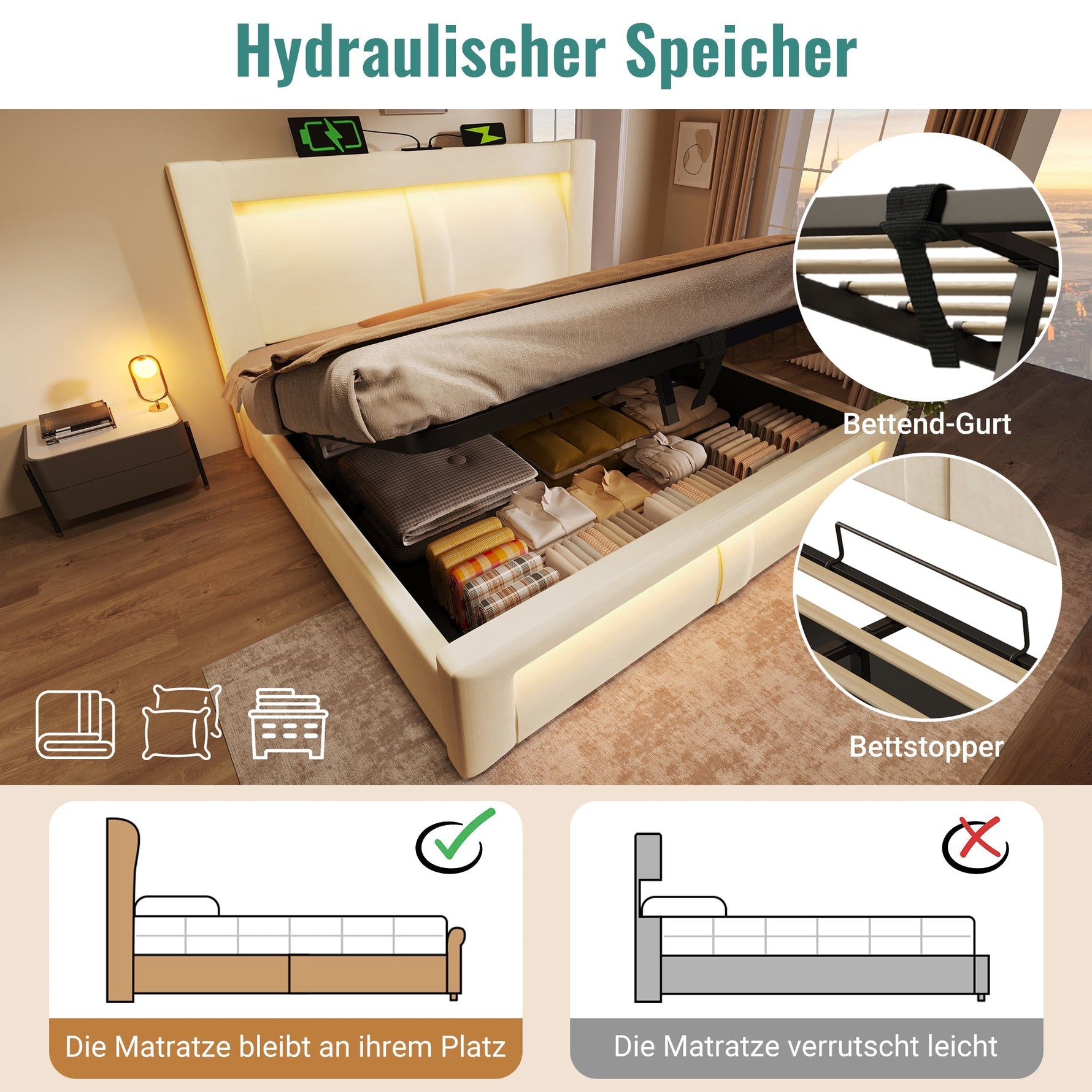 Double Bed 180x200cm Hydraulic Storage LED USB Charging Curved Headboard Beige Velvet