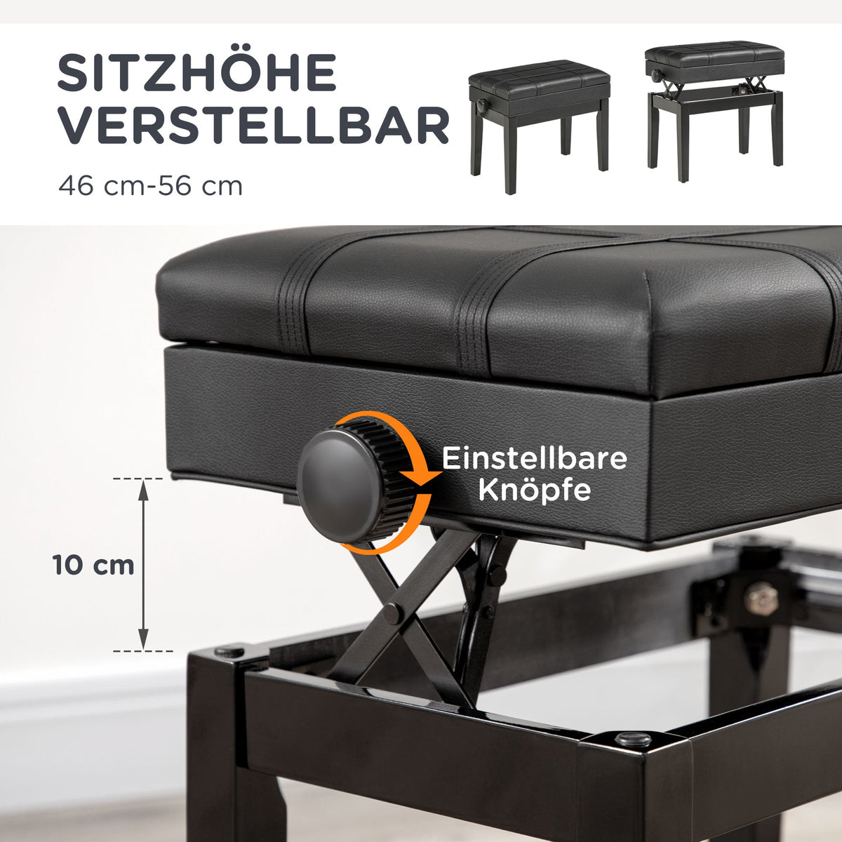 Piano Bench, Height-Adjustable with Storage, Leather Cushion, Black