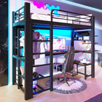 Loft Bed 90x200cm with LED Light & Desk - Black Metal