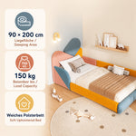 Children's Upholstered Bed 90x200cm with Fall Protection, Multicolour
