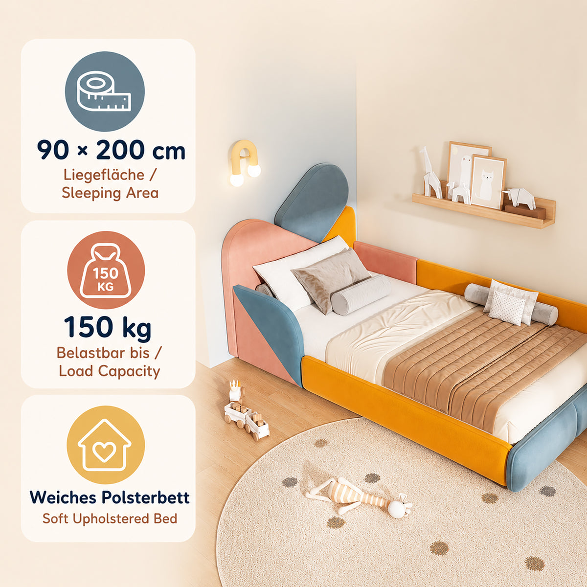 Children's Upholstered Bed 90x200cm with Fall Protection, Multicolour