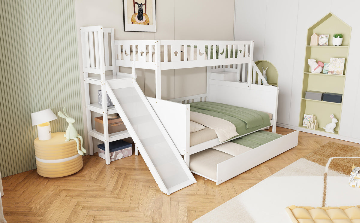 Children's Bed, Bunk with Slide, Shelf, Trundle & Slatted Frame, Solid Wood, White