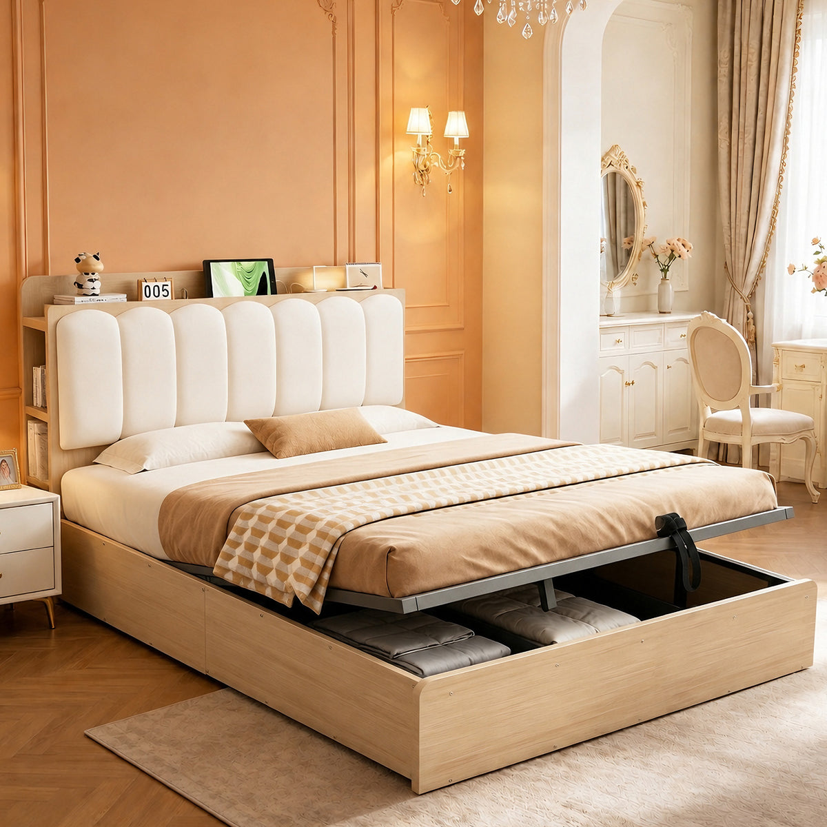 Wooden Flatbed 140x200 with Hydraulic Storage & USB, Wood Color