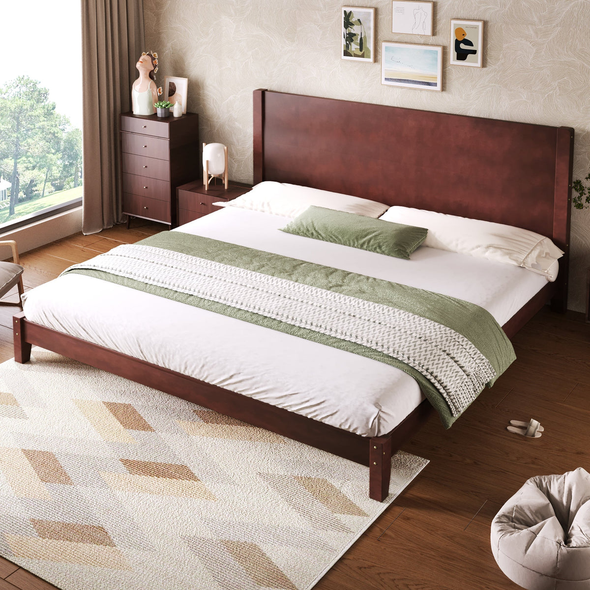 Platform Bed with Headboard and Slatted Base, 180x200cm, Brown Wood