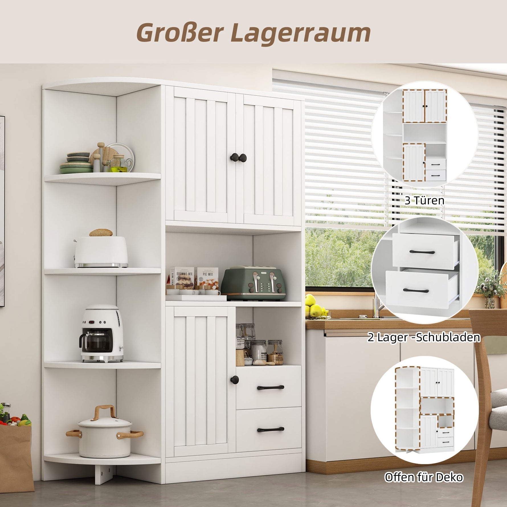 Corner Wardrobe Display Cabinet, 3 Cabinets 2 Drawers, 14 Storage Areas, 104x35x155cm, White