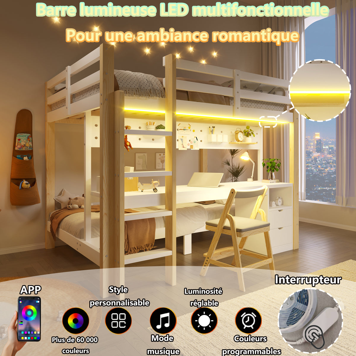 Loft Bed 90x200/140x200 cm with Desk & Drawers, Pine Wood