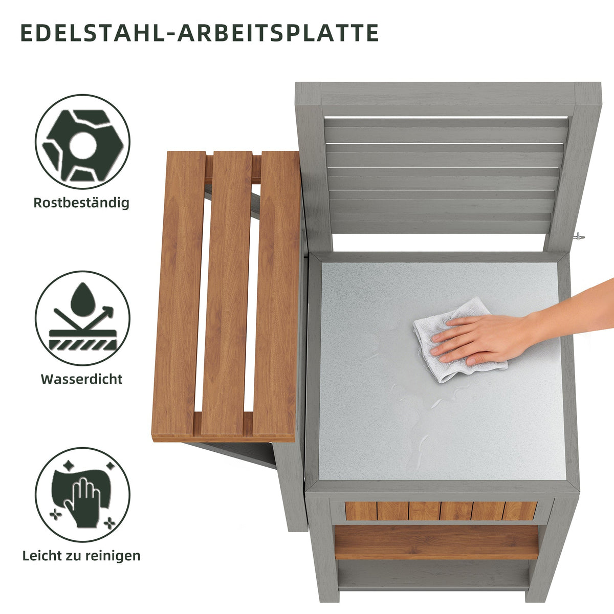 Outdoor Garden Cabinet with Stainless Steel Worktop and Double Shelf, Weatherproof Wood