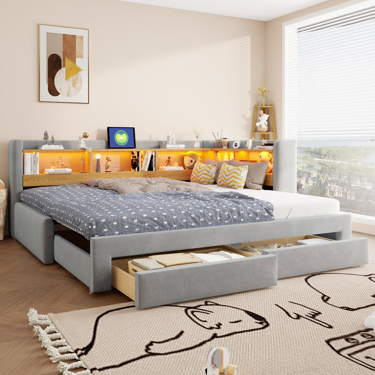 3-in-1 Extendable Sofa Bed 90x200cm with LED & Drawers, Wood