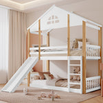 Bunk Bed with Windows, Slide, Safety Railings, 90x200cm, Solid Wood, White/Natural