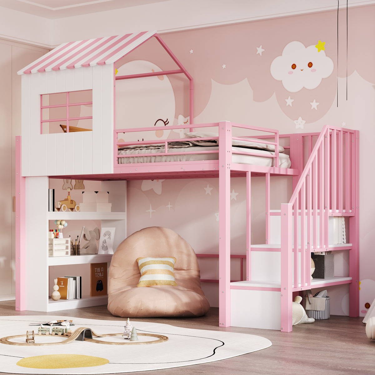 House Loft Bed 90x200cm with Storage Shelf & Stairs, Pink Iron