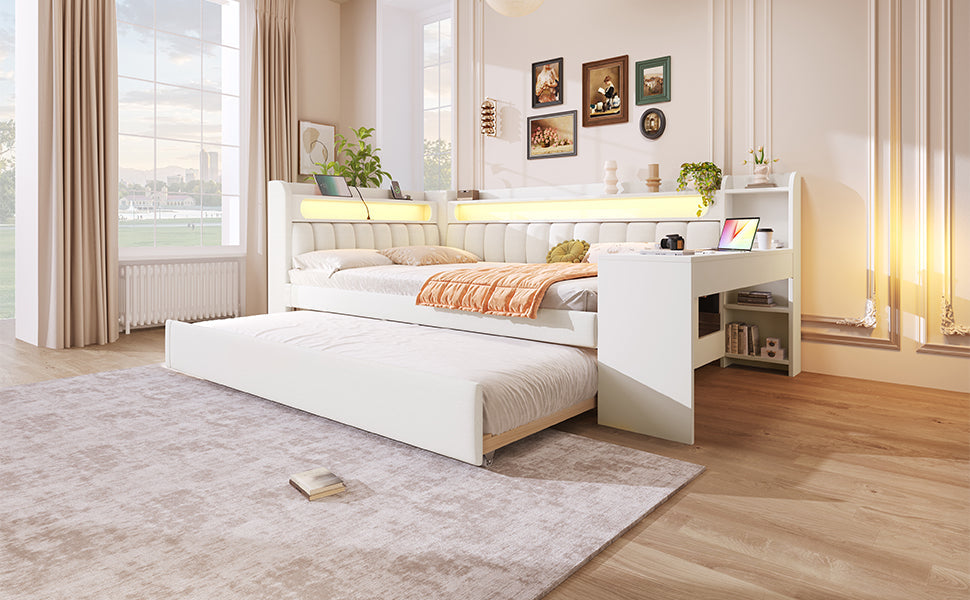 Upholstered Daybed 140x200 with USB, LED, Pull-Out Bed and Desk, White