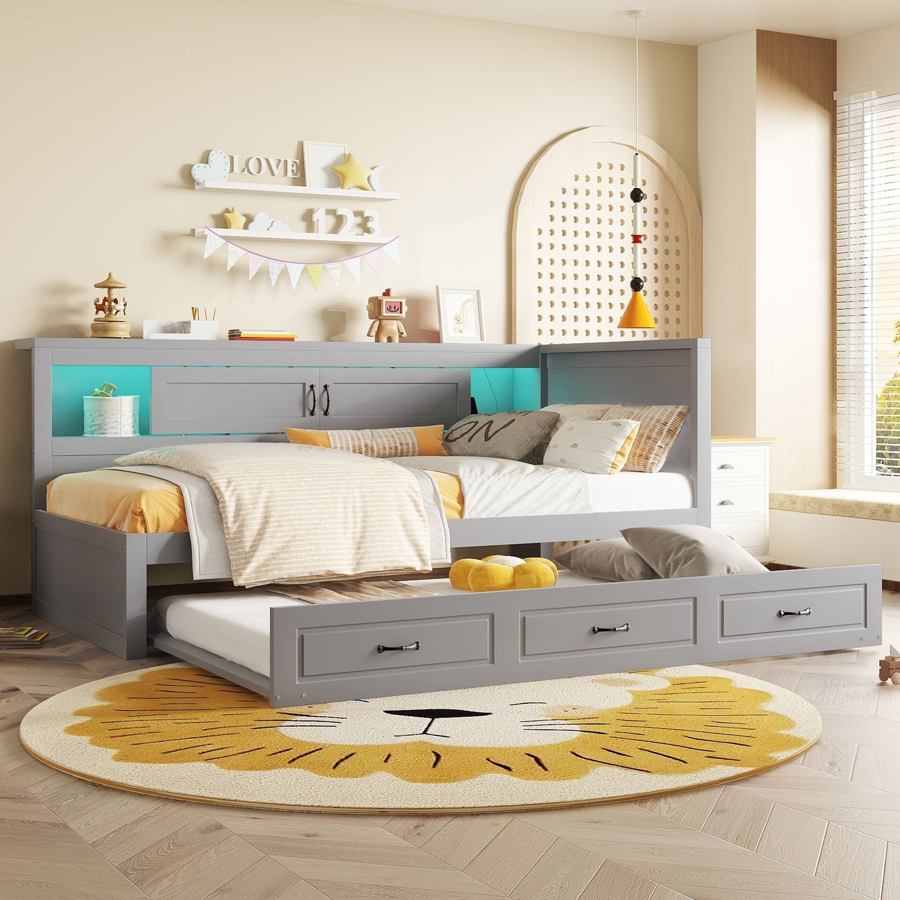 Sofa Bed Daybed 90x200cm Pull-out Bed LED Storage USB Outlet - Grey