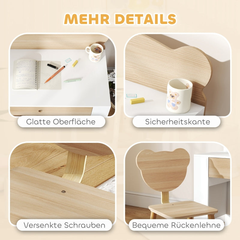 AIYAPLAY children's desk set with table top and drawer, bear shape, natural wood