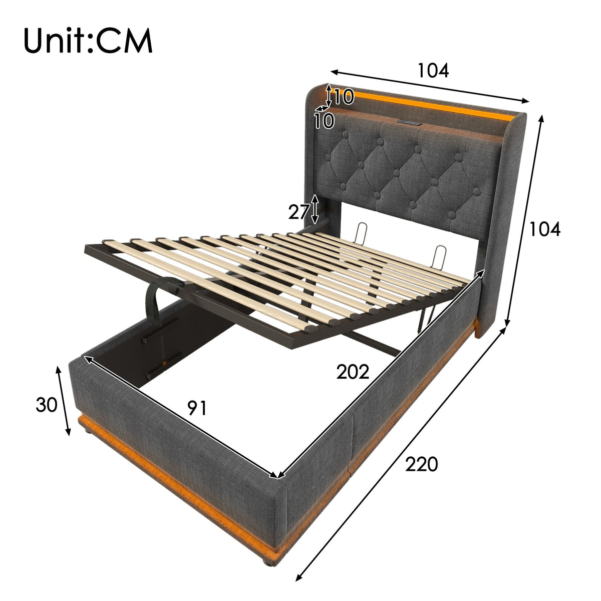Upholstered Single Bed, 360-Degree LED, Hydraulic Storage, USB Type-C, Gray Linen