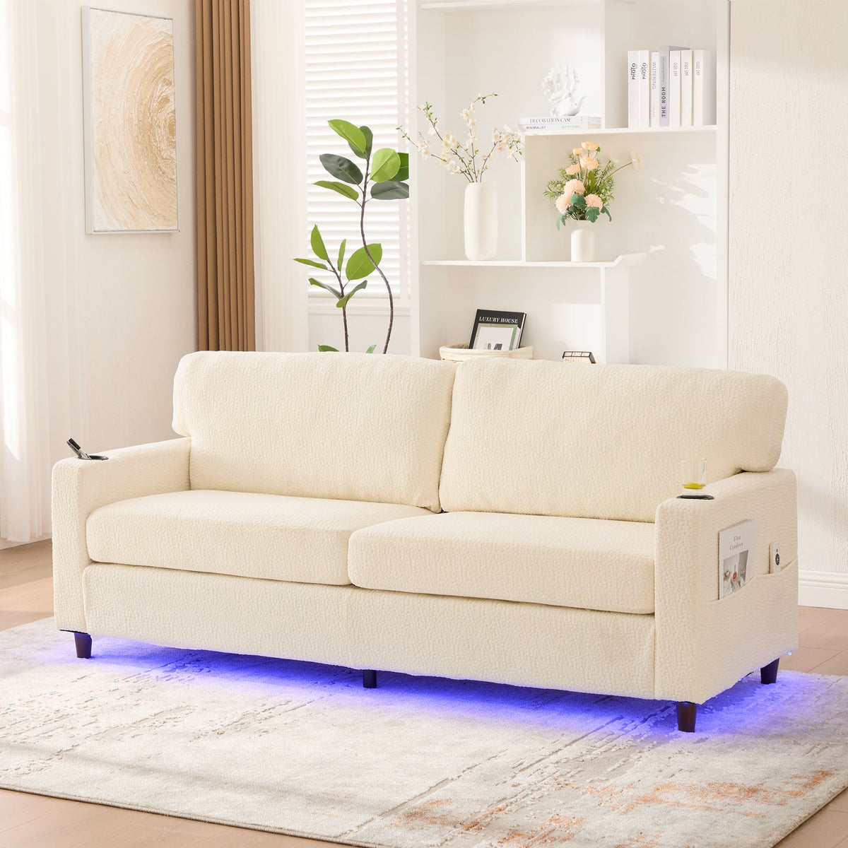 Modern 2-Seater Sofa with USB-C, LED Light, Cupholders, Chenille Beige