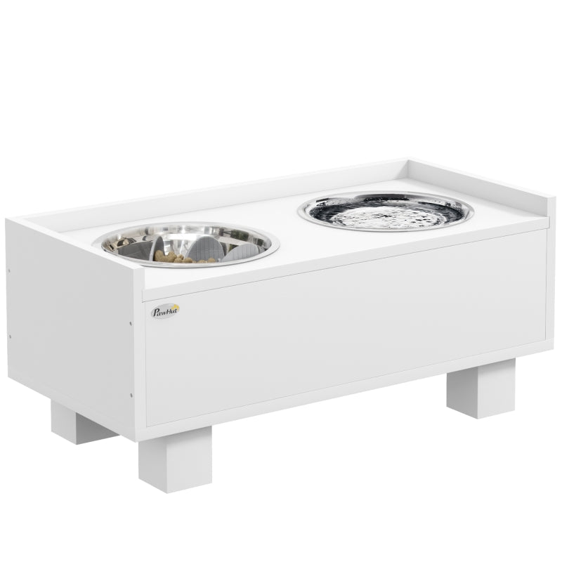 Elevated Dog Feeding Station, Slow Feeder Mat & 2 Aluminum Bowls, White