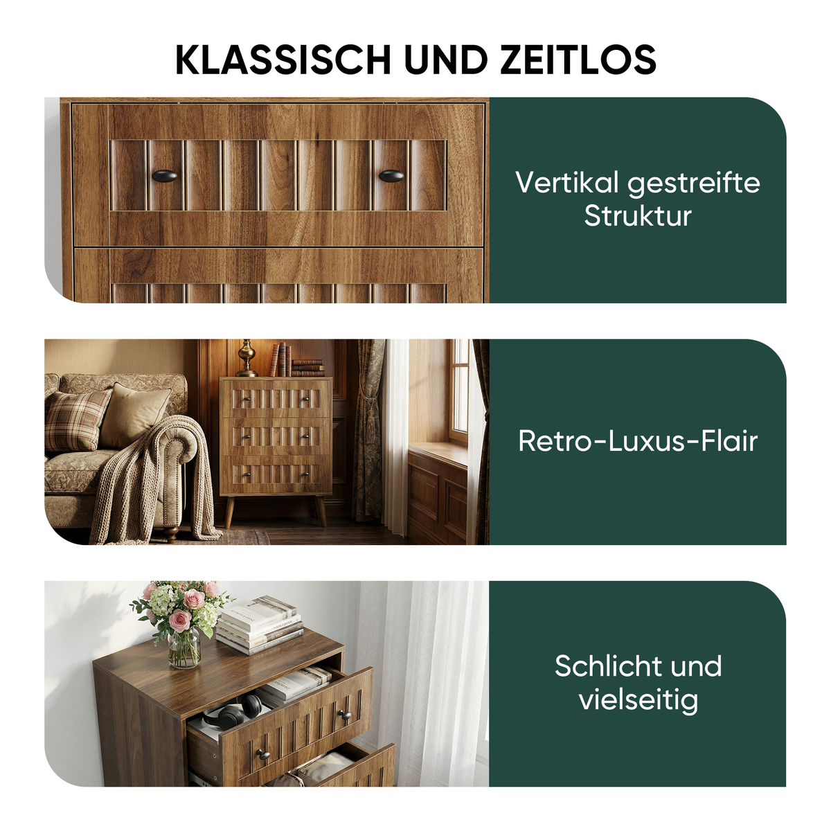 Chest of Drawers with 3 Drawers and Storage Cabinet, Walnut Wood