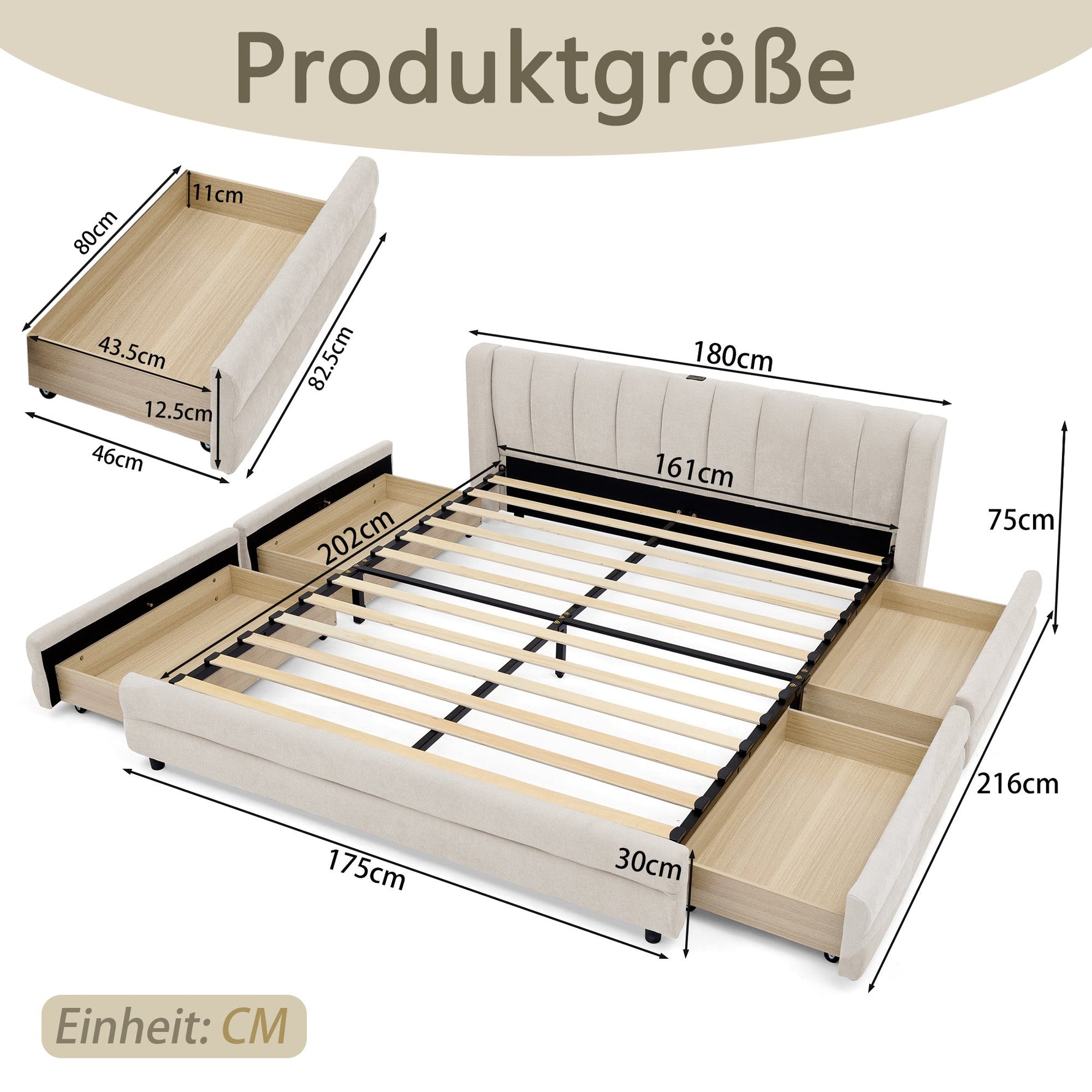 Double Bed 160x200cm Storage USB Charging Port Soft Chenille Beige