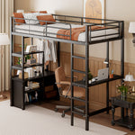 Loft Bed 90x200cm with Desk, Outlets & Shelves, Black Iron