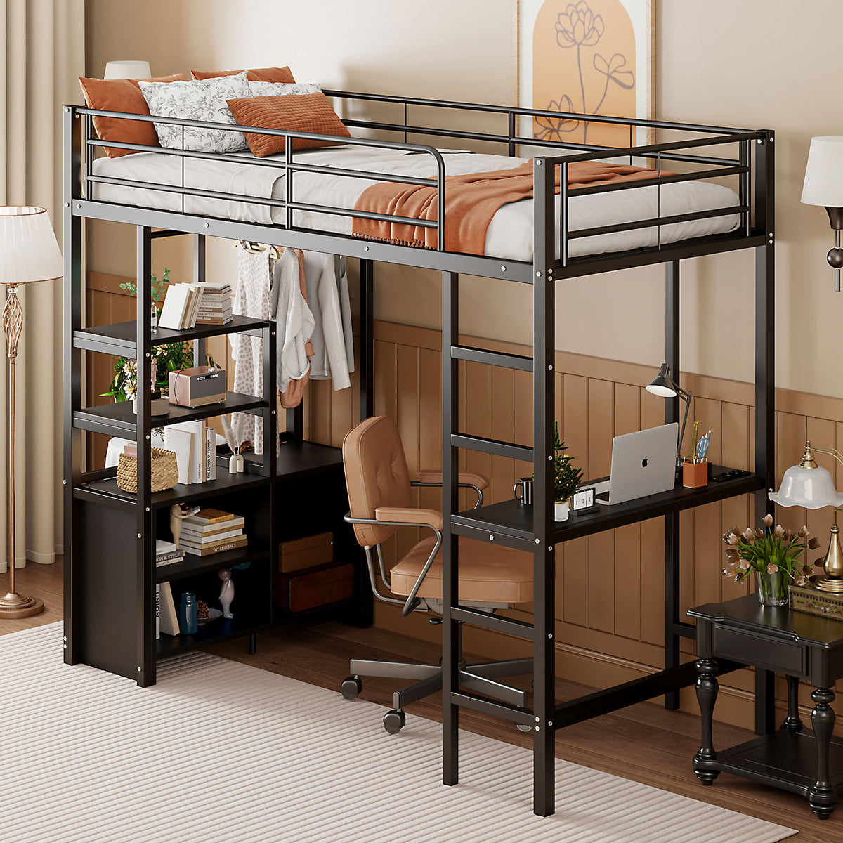 Loft Bed 90x200cm with Desk, Outlets & Shelves, Black Iron
