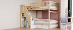 Bunk Bed, Solid Wood 90x200cm with Safety Rail, Slatted Frame, Storage Ladder & Drawers, Wood Color