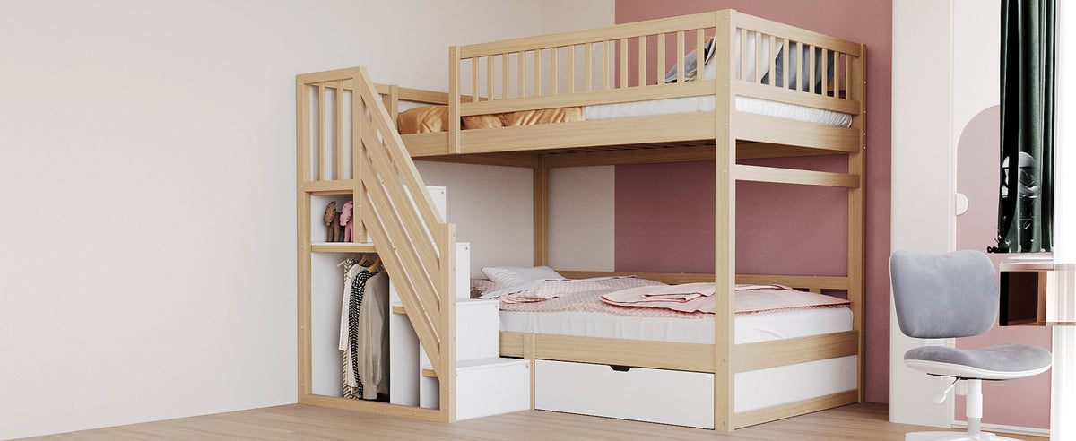 Bunk Bed, Solid Wood 90x200cm with Safety Rail, Slatted Frame, Storage Ladder & Drawers, Wood Color