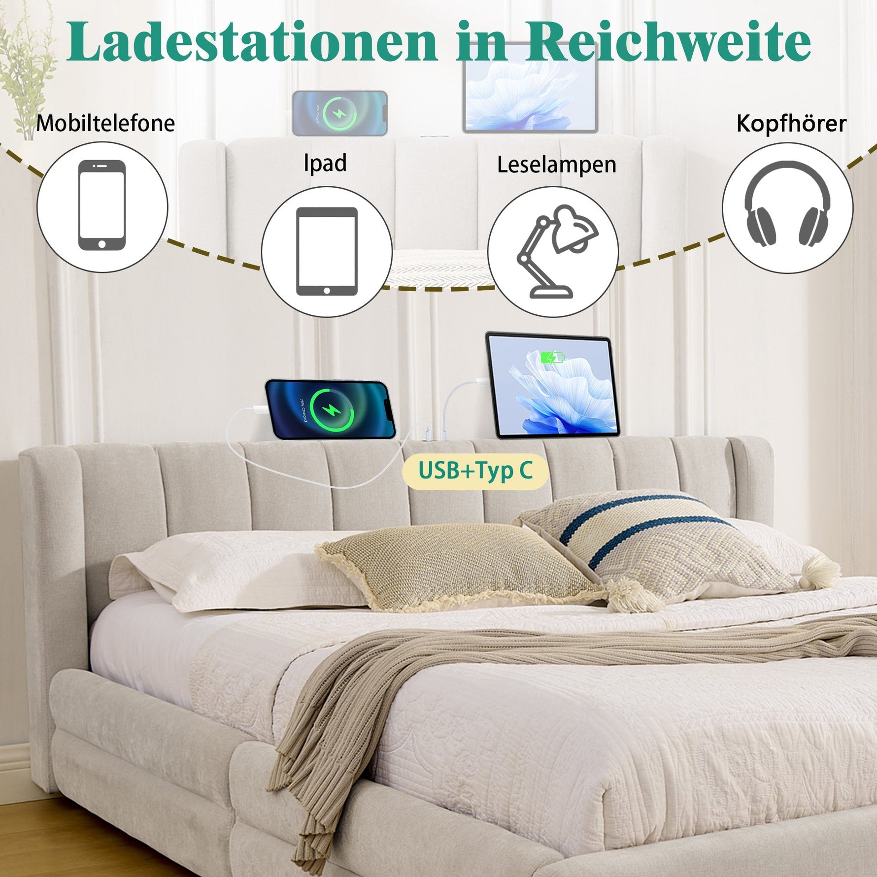 Double Bed 160x200cm Storage USB Charging Port Soft Chenille Beige