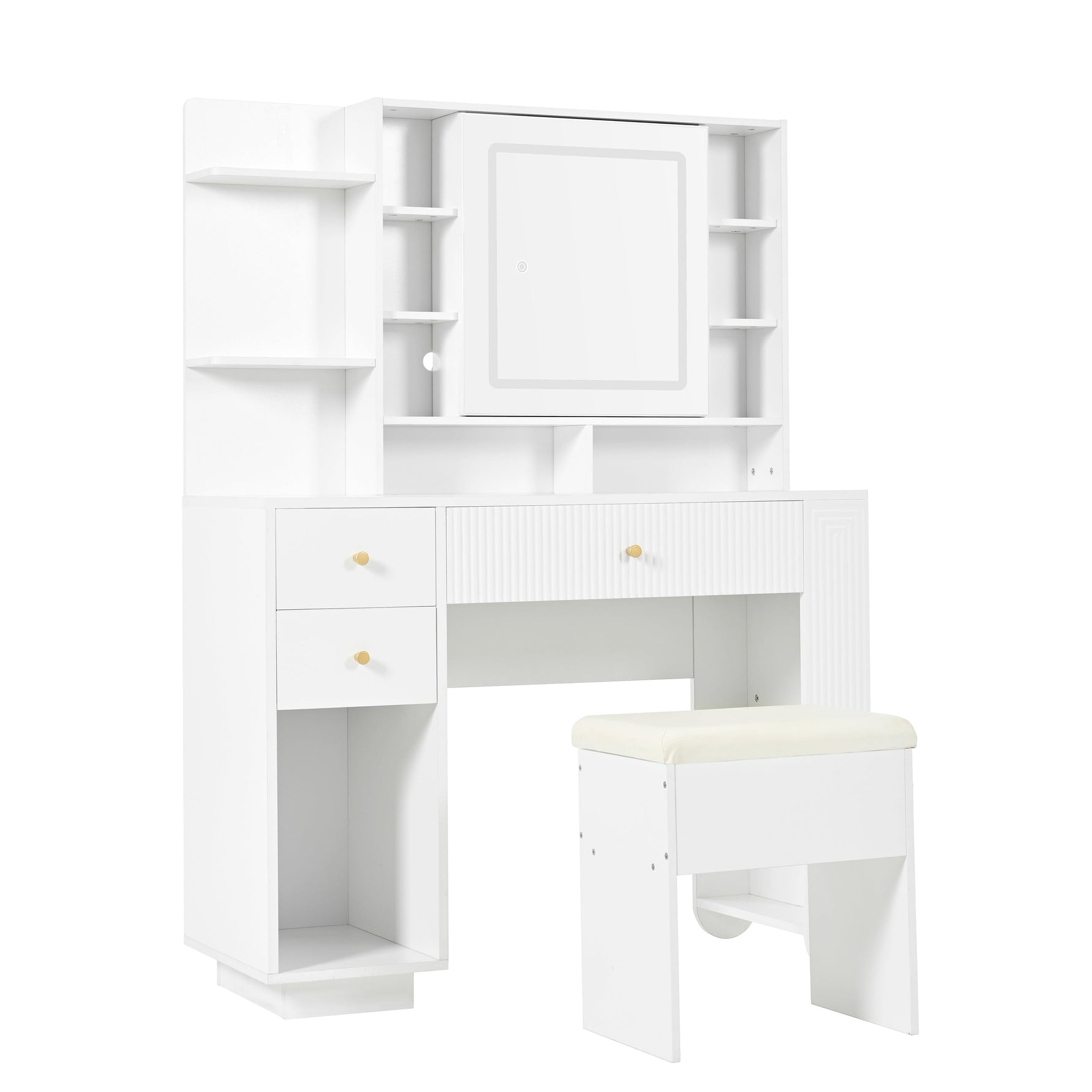 Illuminated Dressing Table with Mirror and Stool, Adjustable Brightness and Storage Drawers, White