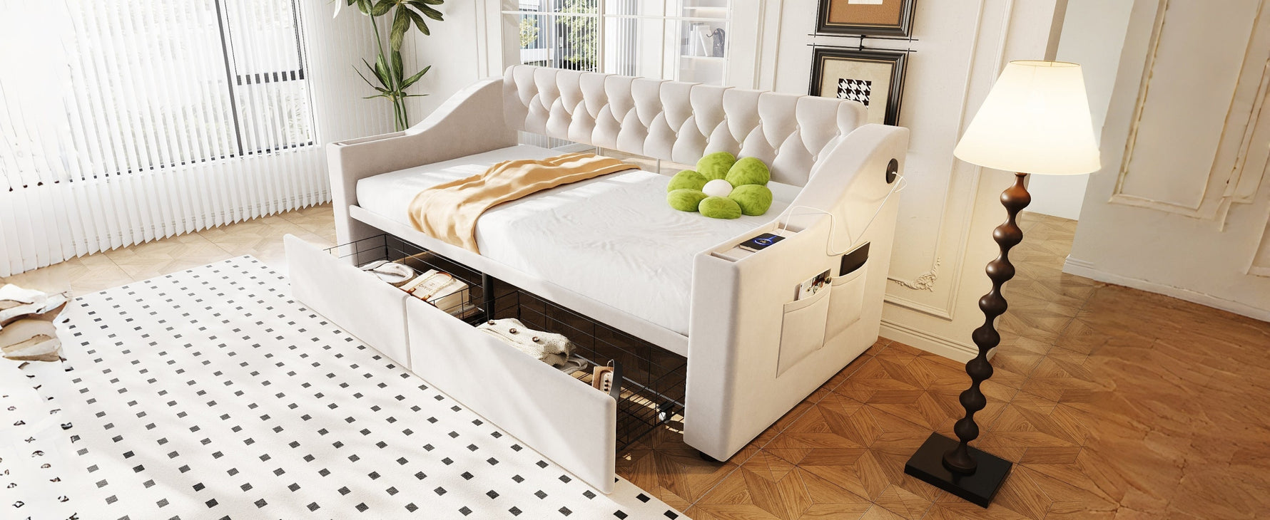 Upholstered Sofa Bed with USB Port, Storage Armrests and Drawer, Beige Velvet