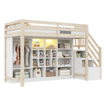 Loft Bed with Wardrobe, Storage Cabinets, LED and Side Ladder, 90x200cm, Wood Color