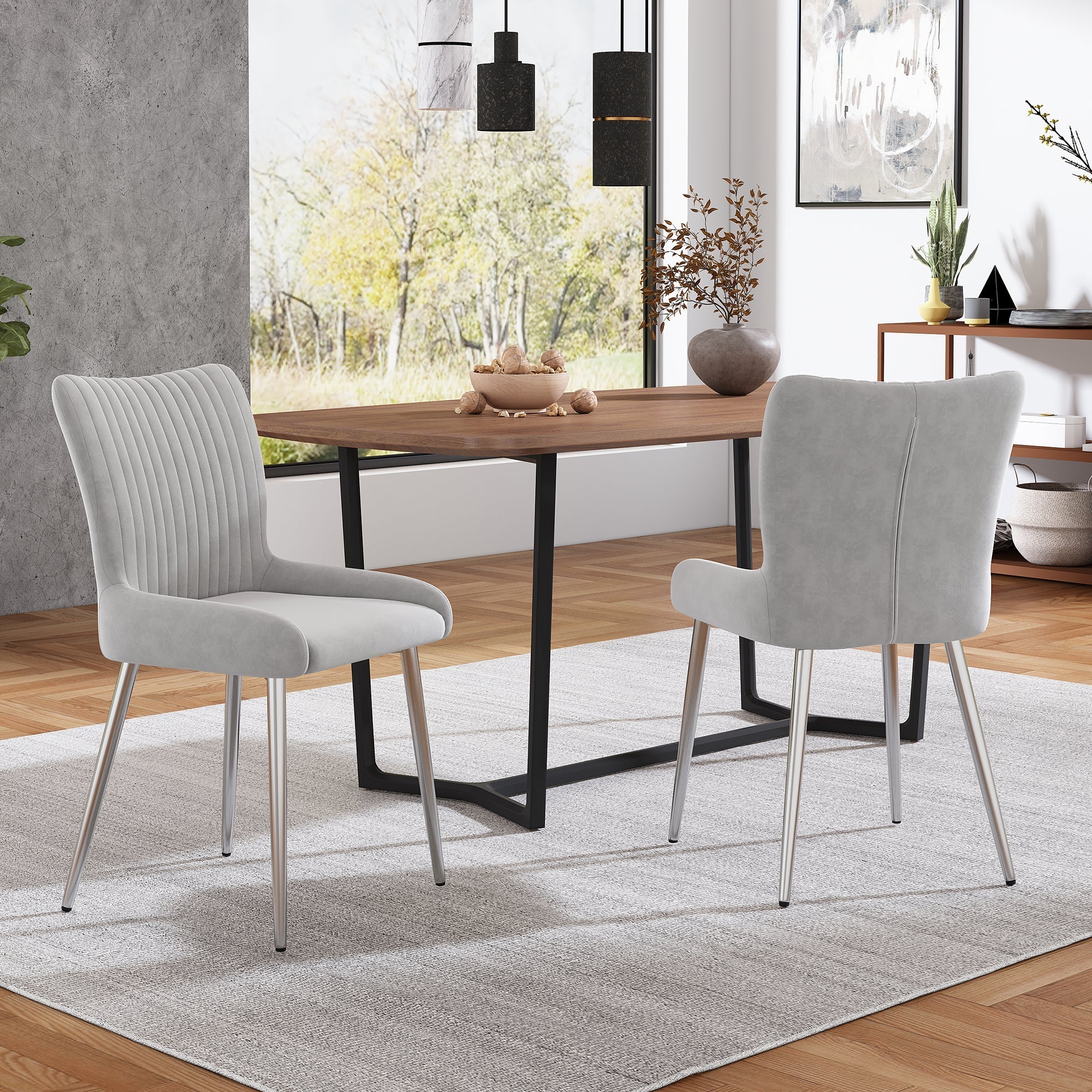 Velvet Dining Chair, Set of 2 with Silver Metal Legs and Lumbar Support, Grey Velvet