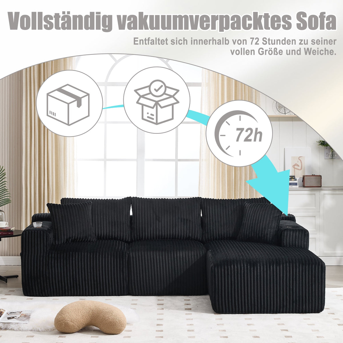 Modular Sofa Set Chaise Longue & 2-Seater with Pockets, Corduroy Fabric