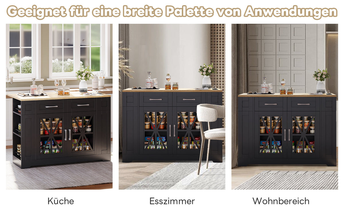 Portable Kitchen Island with Folding Dining Table, AC and USB Ports and Glass Door, Wood Effect