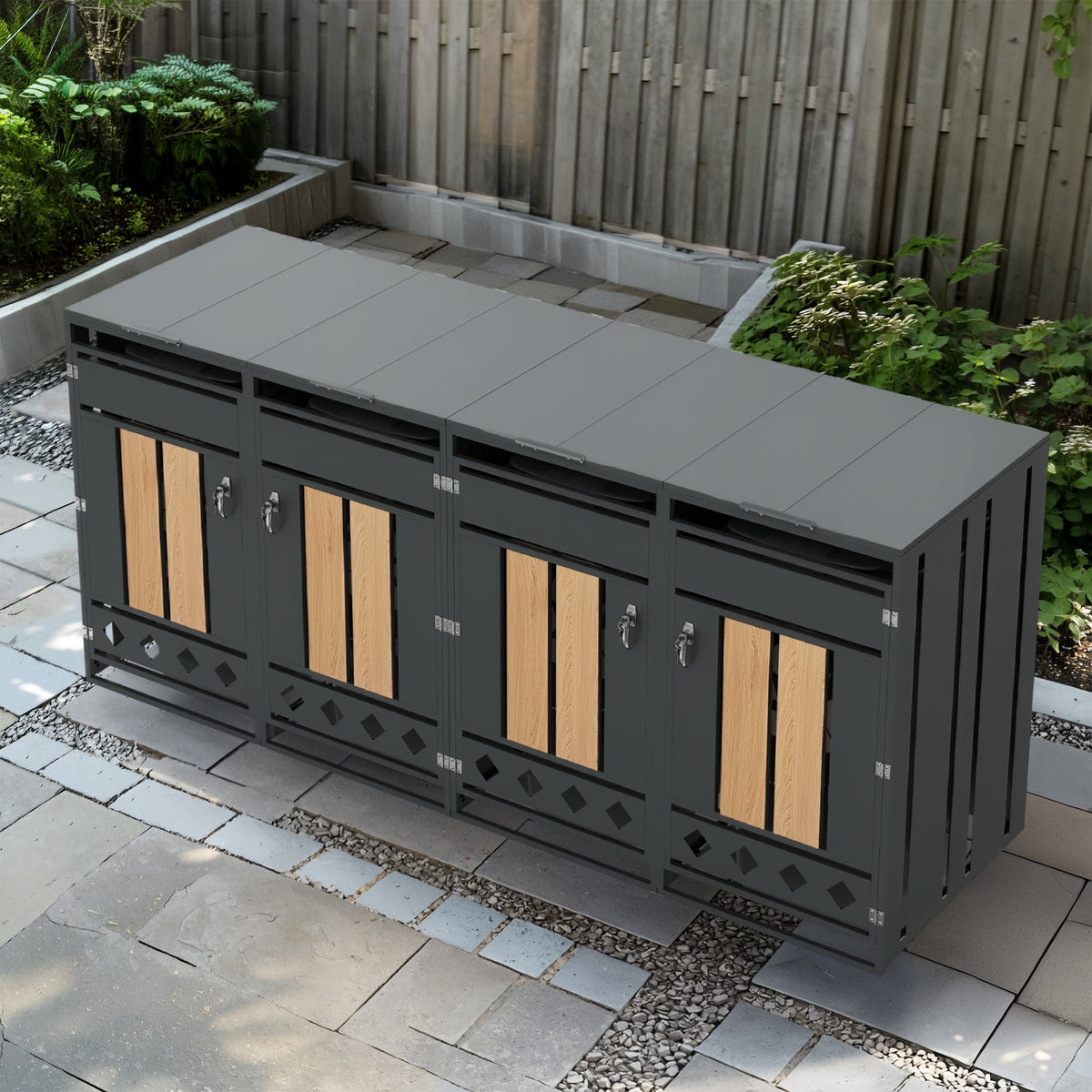 Bin Storage Unit with Hinged Lid, Lockable and 4 Doors, Wood Grain
