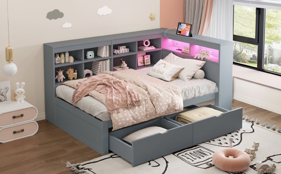Solid Wood Sofa Bed 90x200cm Multifunctional Storage USB LED Grey