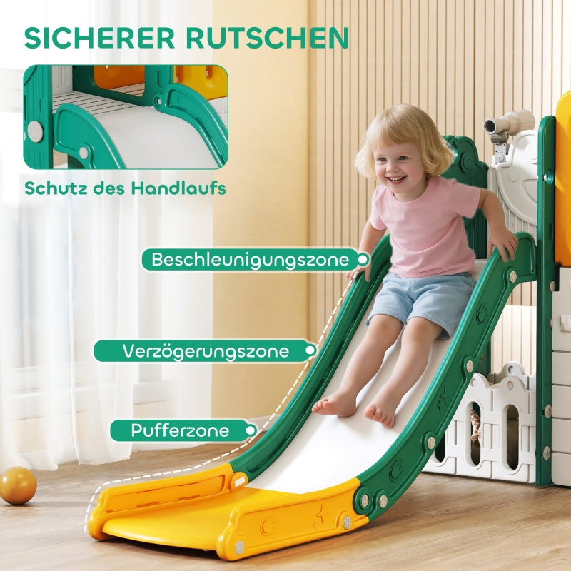 7-in-1 Children's Slide Indoor Playground with Climbing Frame and Playhouse, Yellow and Green Plastic